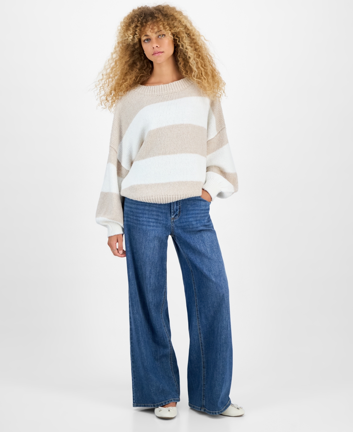 Hippie Rose Juniors' Slouchy Balloon-sleeve Crewneck Sweater In Multi