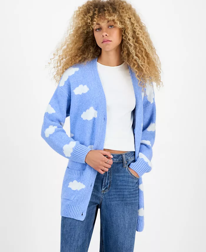 Juniors' V-Neck Button Front Teddy Long Cardigan