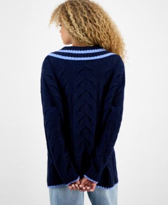 Juniors' V-Neck Cable-Knit Oversized Sweater