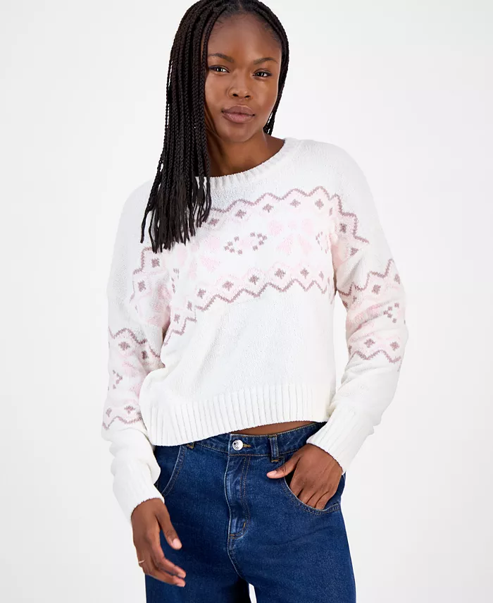 Juniors' Patterned Knit Chenille Crewneck Sweater