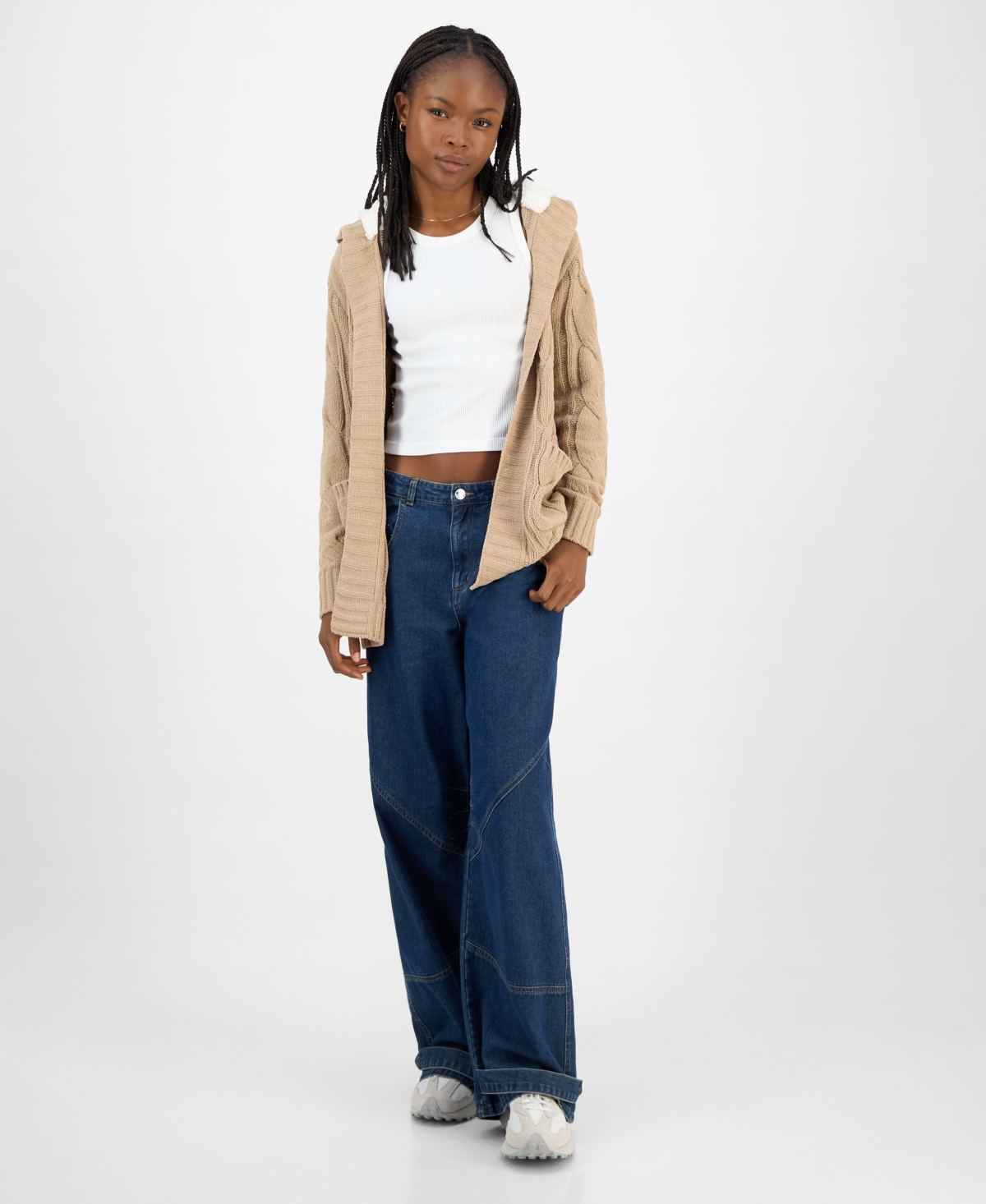 Madden Girl Juniors' Sherpa-lined Cable-knit Open Cardigan In Brown