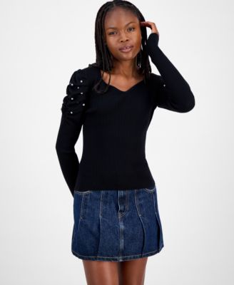 Juniors' Puff-Shoulder Rhinestone Sweater