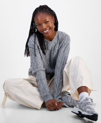 Juniors' Cable-Knit Faux-Pearl Metallic Crewneck Sweater