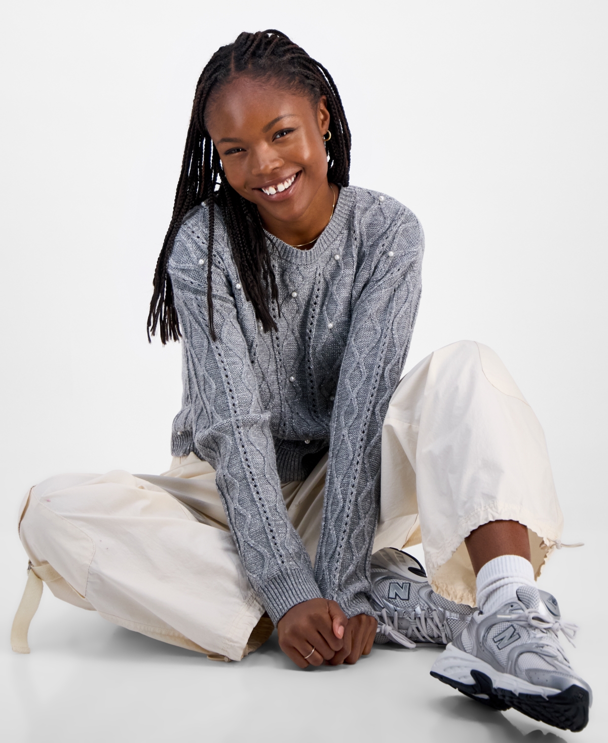 Madden Girl Juniors' Cable-knit Faux-pearl Crewneck Sweater In Gray