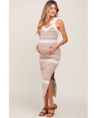 Maternity Taupe Striped Ribbed Sleeveless Knit Dress