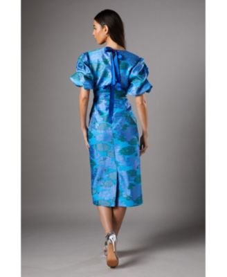 Women's Jacquard Floral Puff Sleeve Midi Dress