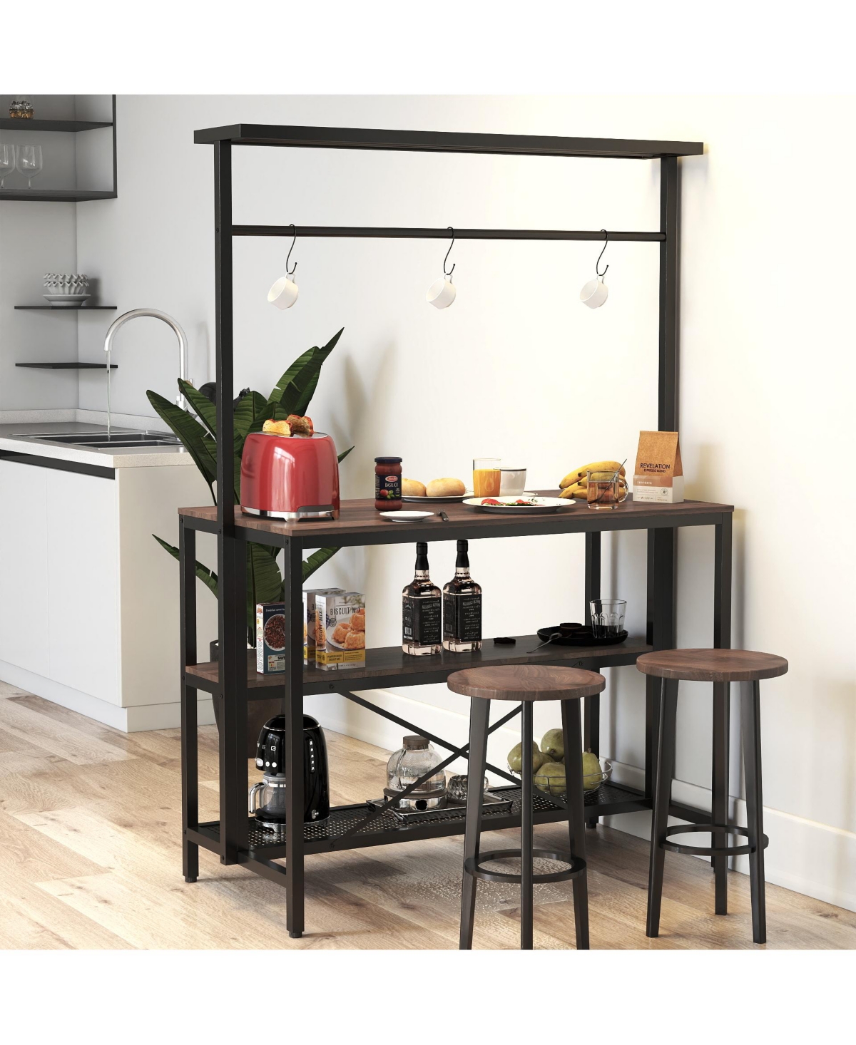 Casainc 3-Tier Kitchen Island with Hooks, Microwave Shelf and Storage Rack for Dining Room