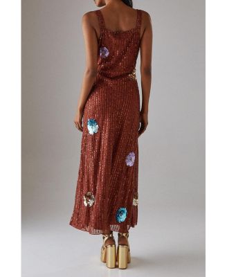 Women's Hand Embellished Flower Burst Midi Dress