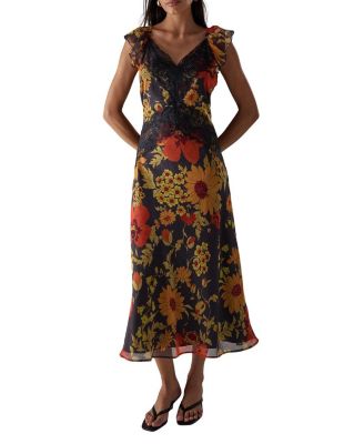 Women's Lace Insert Frill Sleeve Midi Dress