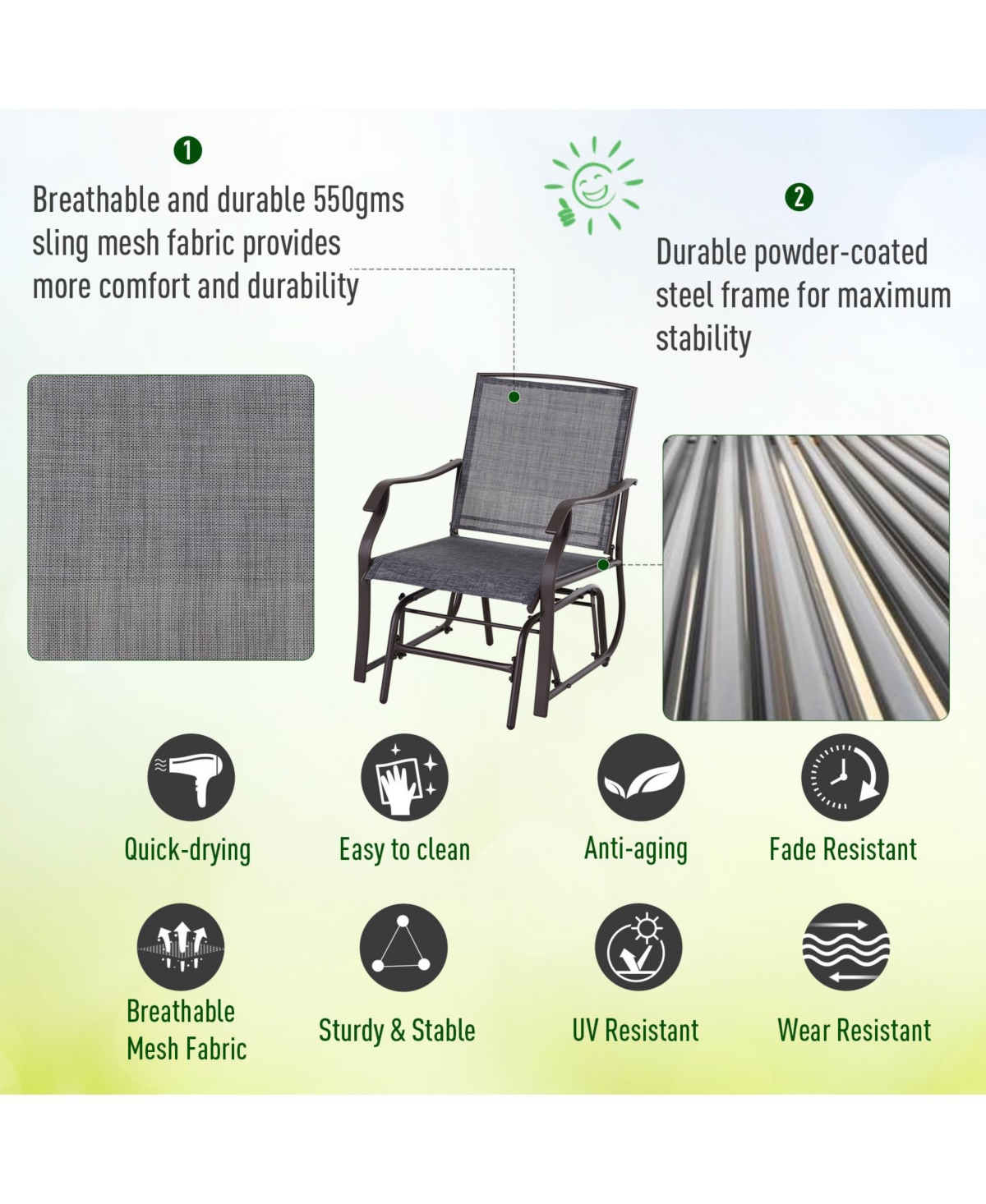 Flynama 3 Piece Outdoor Glider Chair with Coffee Table Bistro Set, 2 Patio Rocking Swing Chairs with Breathable Sling Fabric, Glass Tabletop, for Back