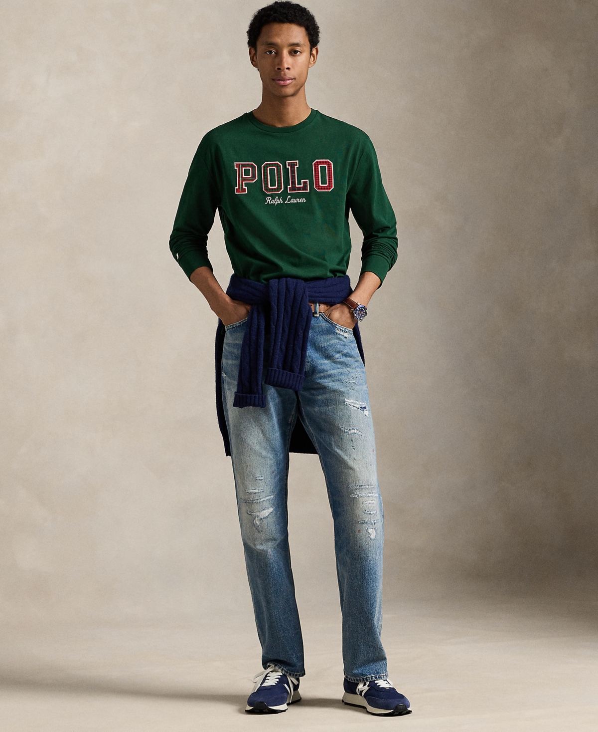 Polo Ralph Lauren Men's Long-sleeve Plaid-logo Applique T-shirt In Green