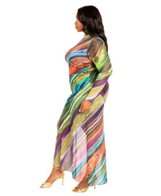 Plus Size Printed Asymmetrical Long Sleeve Mesh Dress