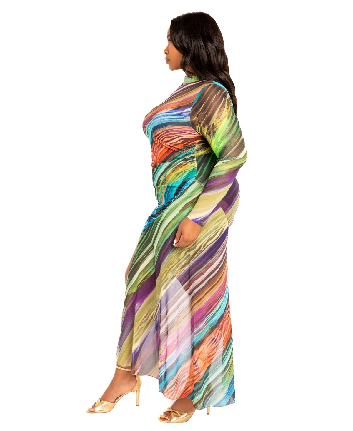 Buxom Couture Plus Size Printed Asymmetrical Long Sleeve Mesh Dress In Multi