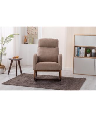 Modern Camel Linen Rocking Glider Chair with Wood Legs, Side Pocket & High Back for Living Room or Nursery