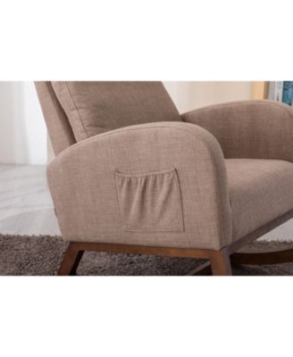 Modern Camel Linen Rocking Glider Chair with Wood Legs, Side Pocket & High Back for Living Room or Nursery