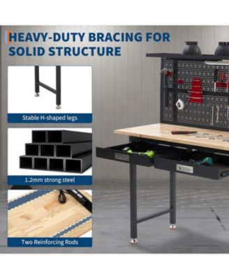 60" Heavy-Duty Metal and Wood Workbench with Drawers, Pegboard, and LED Lighting Tool Storage Table