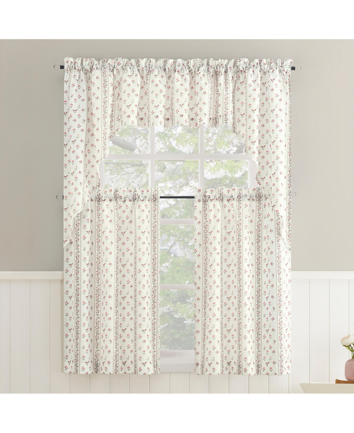 No. 918 Ridgewood Ditsy Floral Stripe Semi-Sheer Rod Pocket Kitchen Curtain Swag Pair