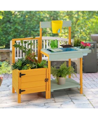 Wooden Potting Bench for Kids w/ See-Through Window Planter Box Garden Trellis