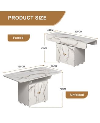 CASAINC 47" MDF, Marble Finish Folding Design, Storage Rack, Cabinet, Lockable Wheels Dining Table
