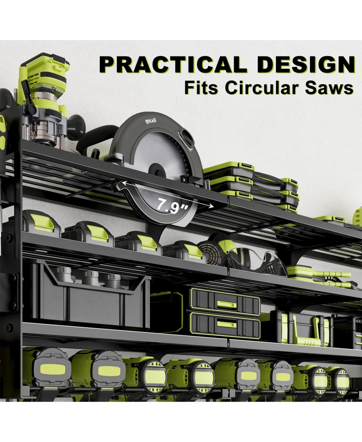 Hausource 4-Tier Power Tool Organizer with Pegboard, 12-Slot Drill Rack & Power Strip,Black