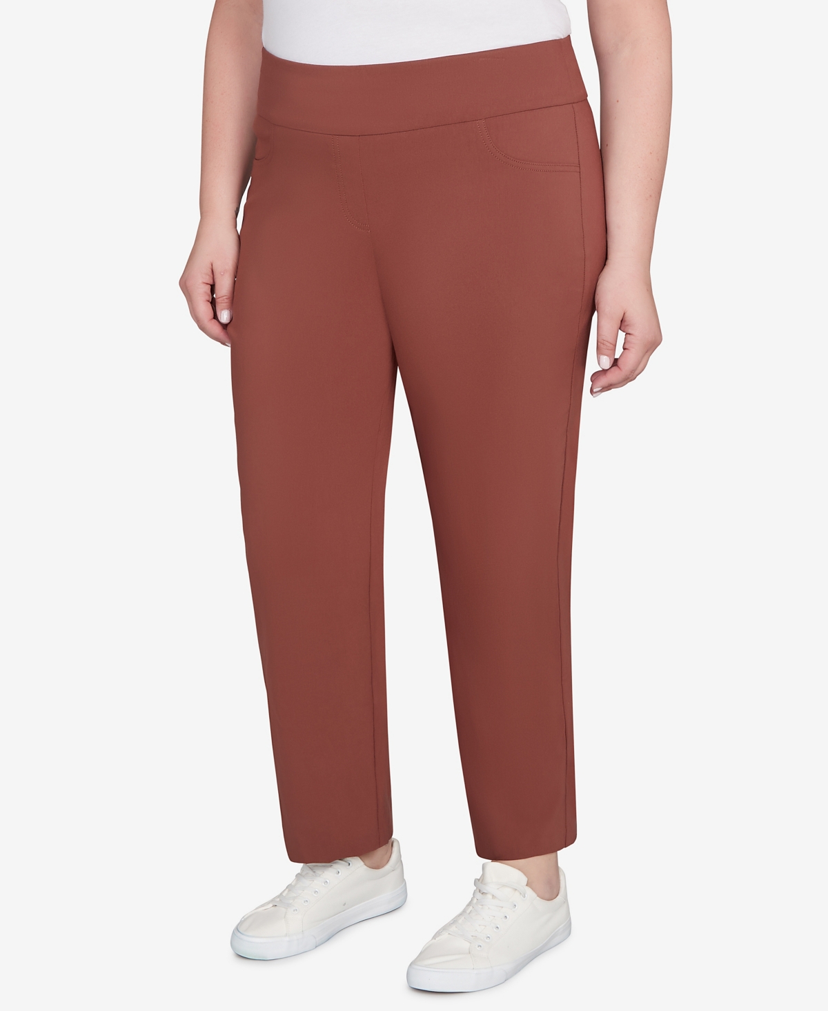 Hearts Of Palm Plus Size Solid Tech Stretch Ankle Length Pants In Brown