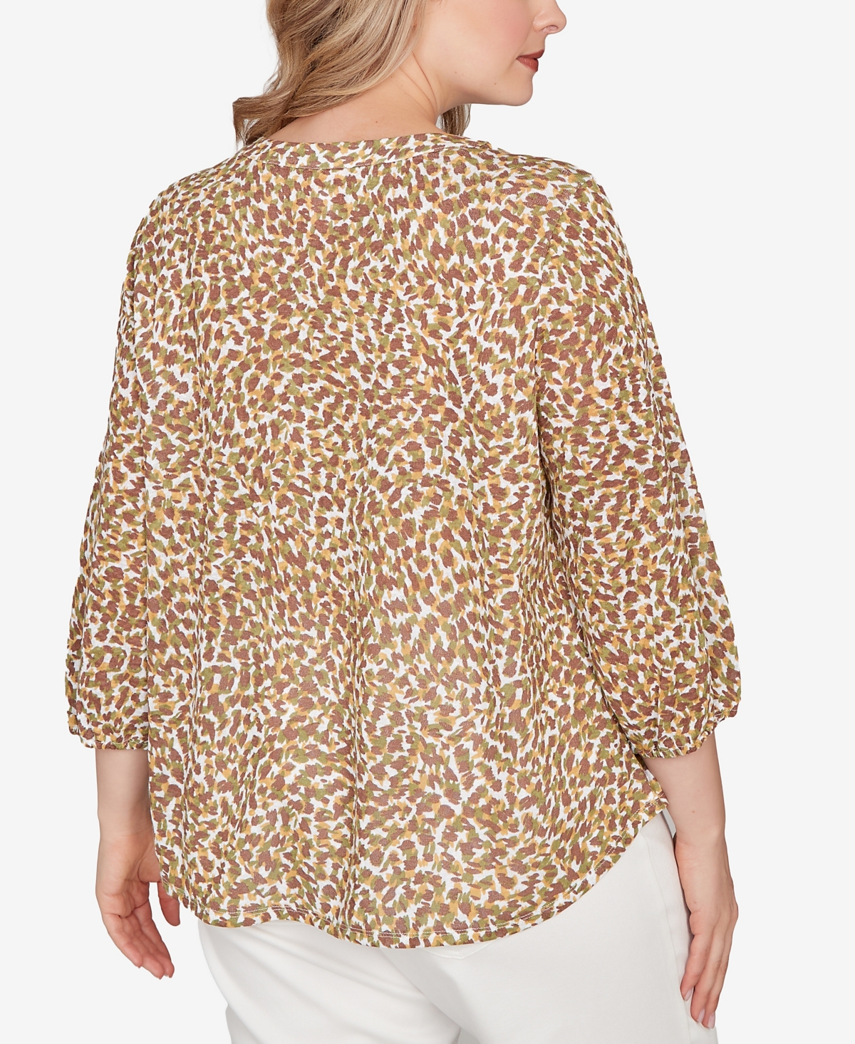Hearts Of Palm Plus Size Printed 3/4 Sleeve Peasant Top In Multi