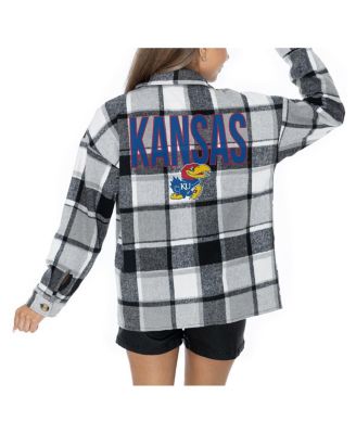 Women's Grey Kansas Jayhawks Long Sleeve Brushed Plaid Button-Up Overshirt Jacket