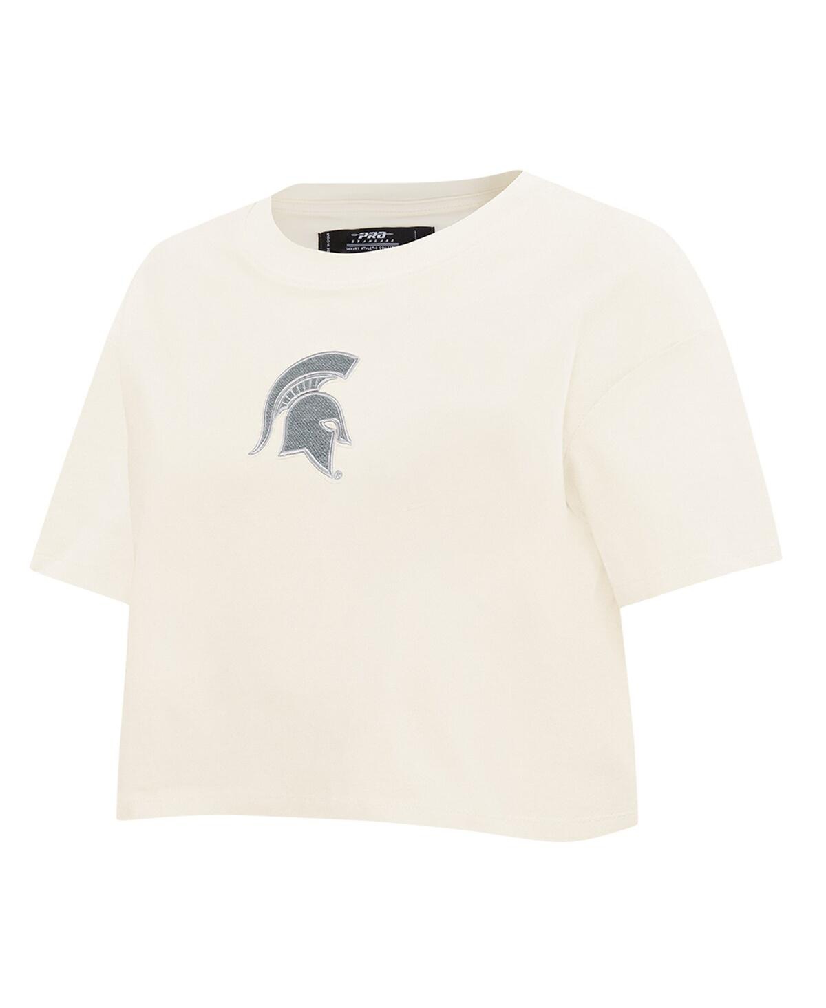 Pro Standard Women'sâ Cream Michigan State Spartans Reverse French Terry Boxy Cropped T-shirt In White