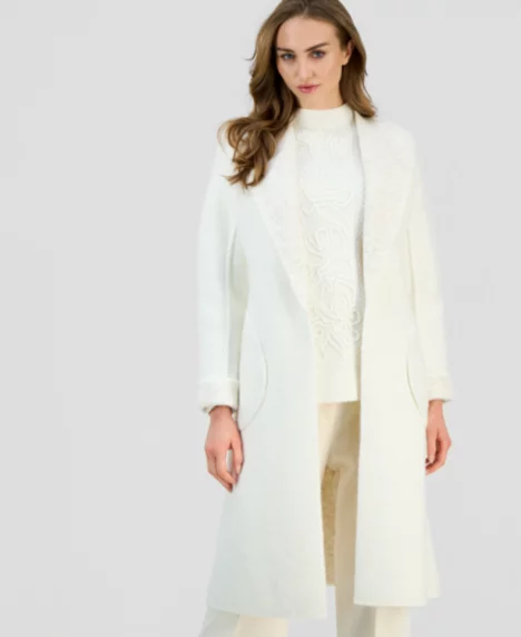 Petite Shawl-Collar Kissing-Front Long Cardigan - White Dove Hthr