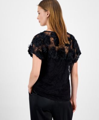 Petite Rosette Lace Boat-Neck Top