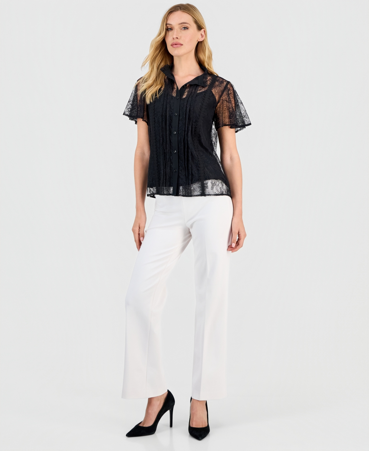 Anne Klein Women's Flutter-Sleeve Button-Front Lace Blouse