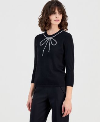 Anne Klein - Women's Embellished Bow 3/4-Sleeve Sweater