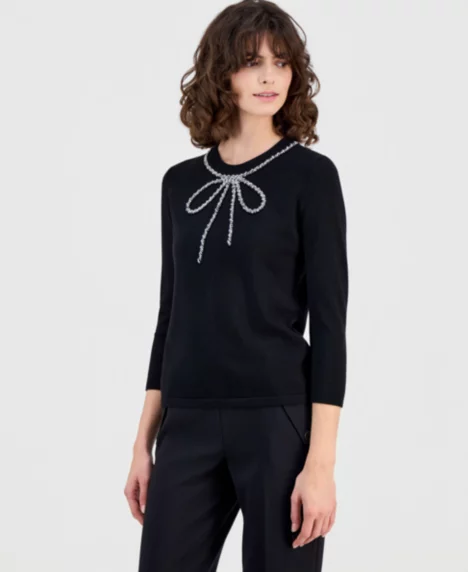 Petite 3/4-Sleeve Bow-Embellished Sweater - Anne Black