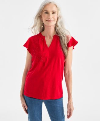 Women's Cotton Embroidered Flutter-Sleeve Knit Top