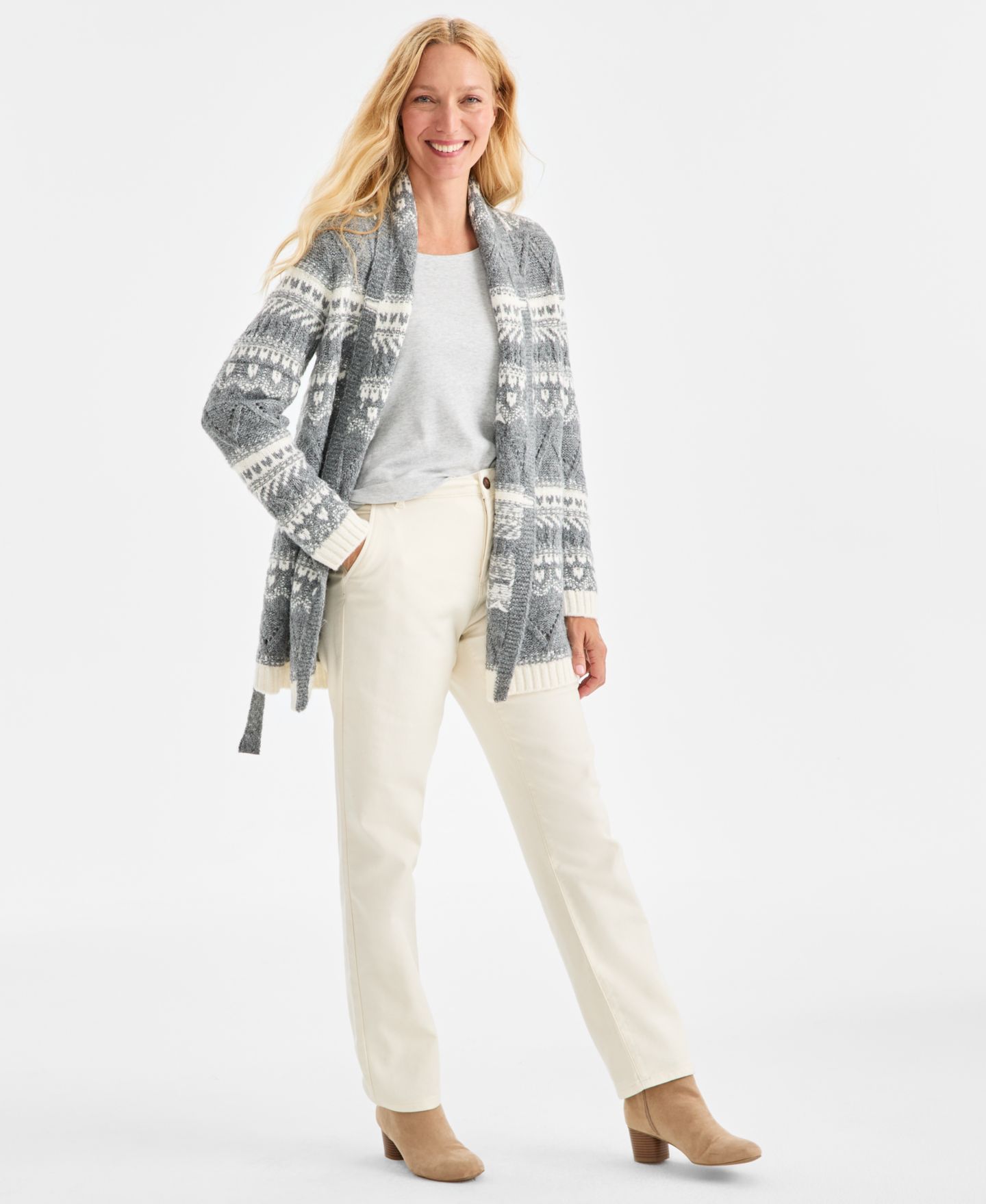 Женский кардиган Style & Co Fair Isle Belted, цвет: Меланжевый серый — фото 2