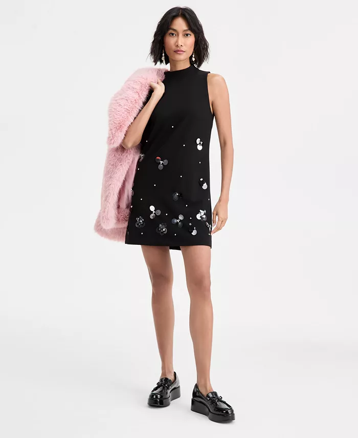 Women's Paillette Embellished Mock Neck Shift Dress - thumbnail 2