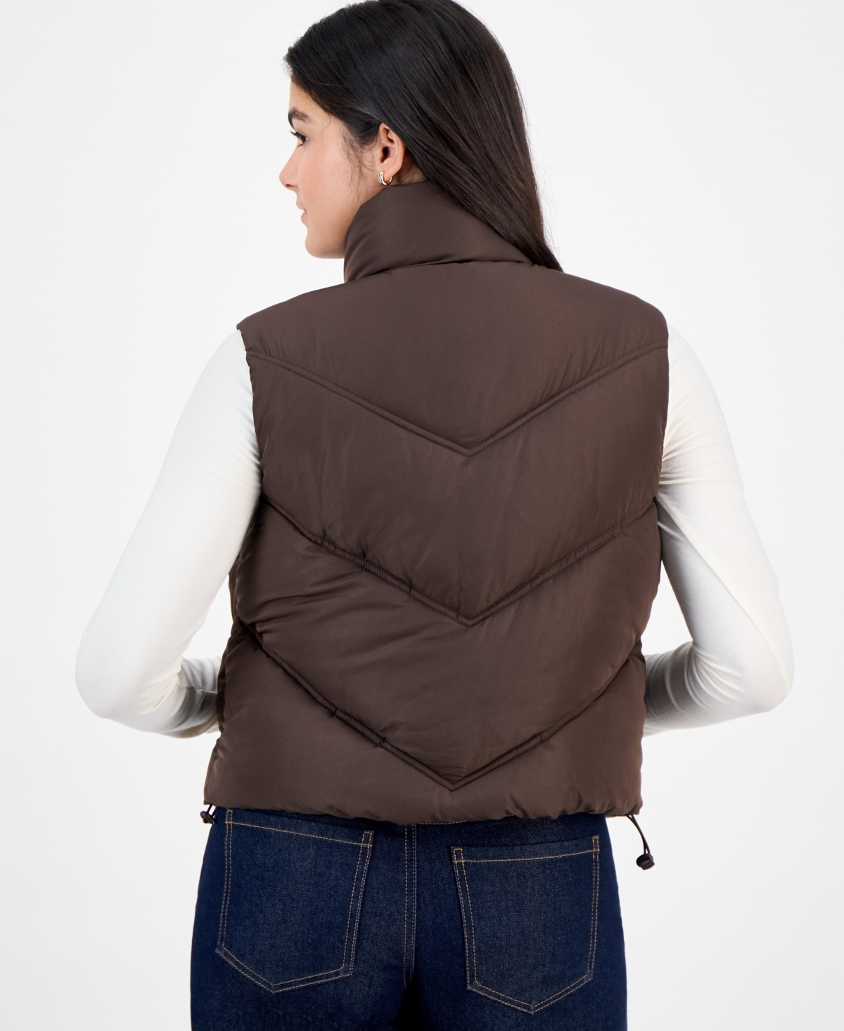 Madden Girl Juniors' Bungee-hem Mitered Puffer Vest In Brown