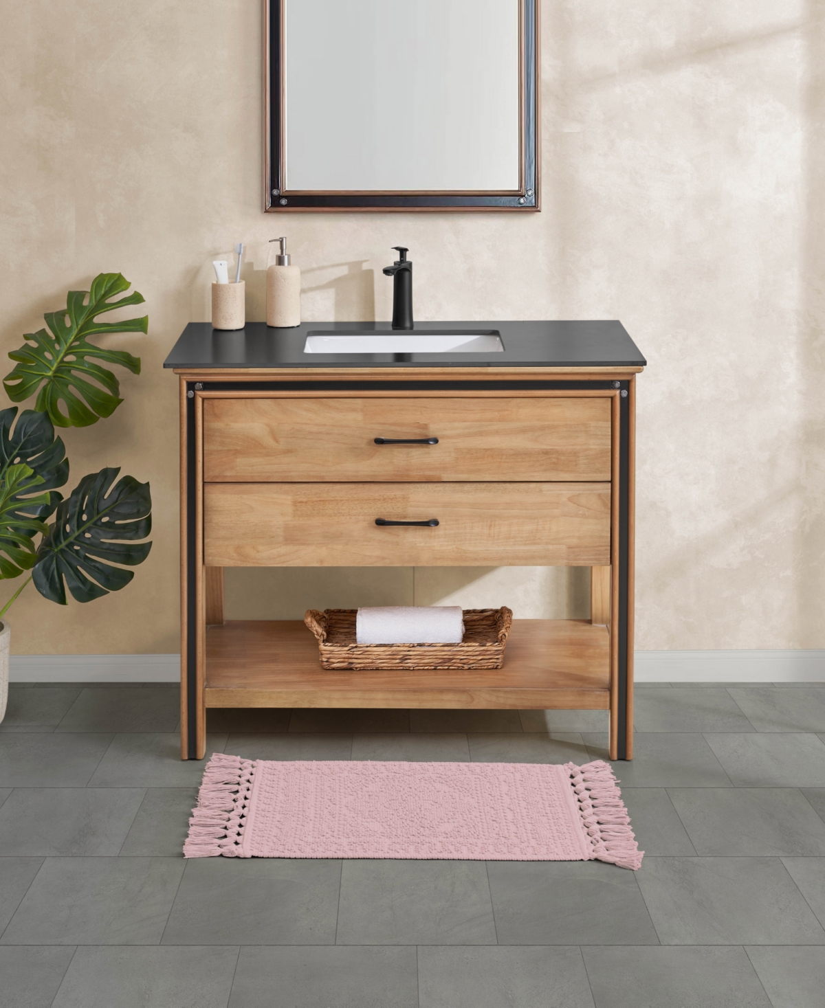 French Connection Nellore Fringe Cotton 17" X 28" Bath Rug In Pink