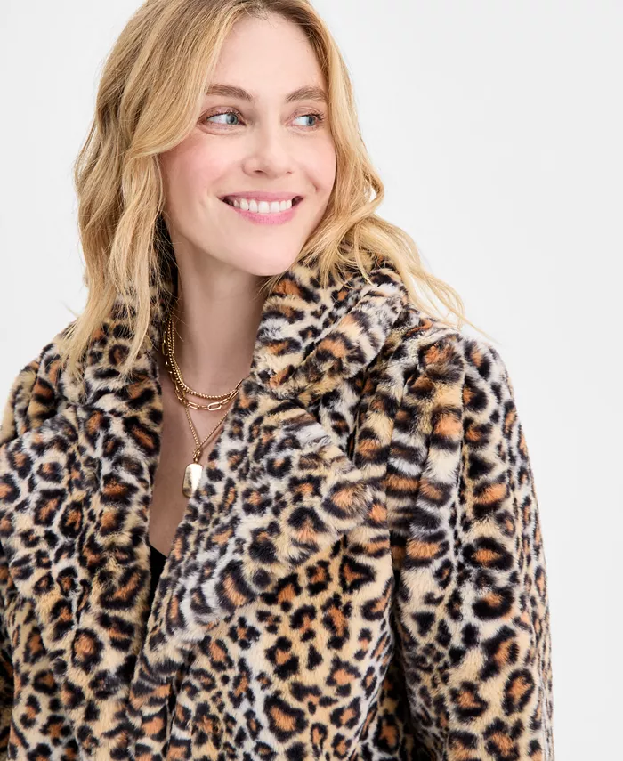 Women's Woven Sketchy Leopard-Print Faux-Fur Coat - thumbnail 6