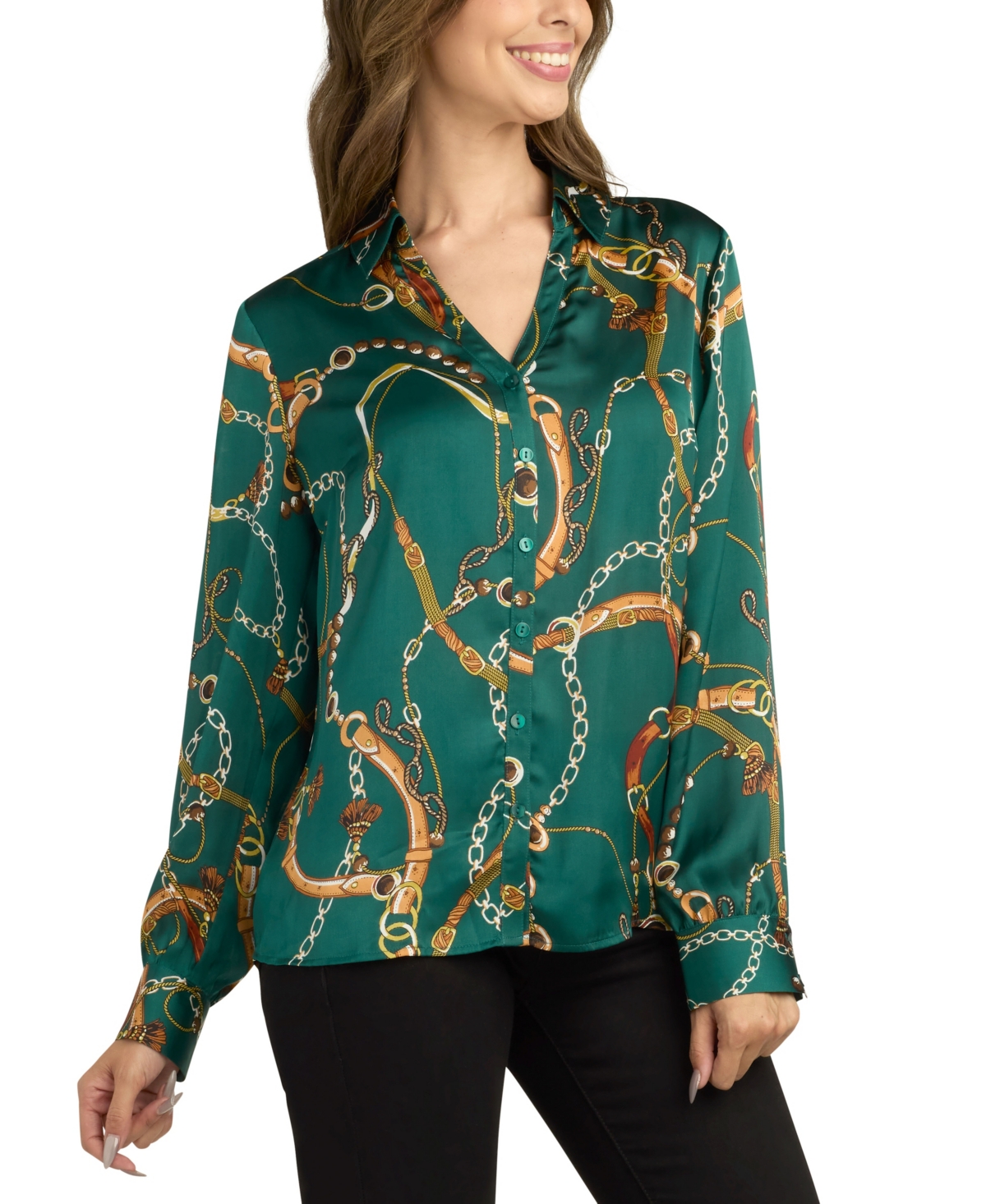 Bcx Women's Printed Collared Top In Green