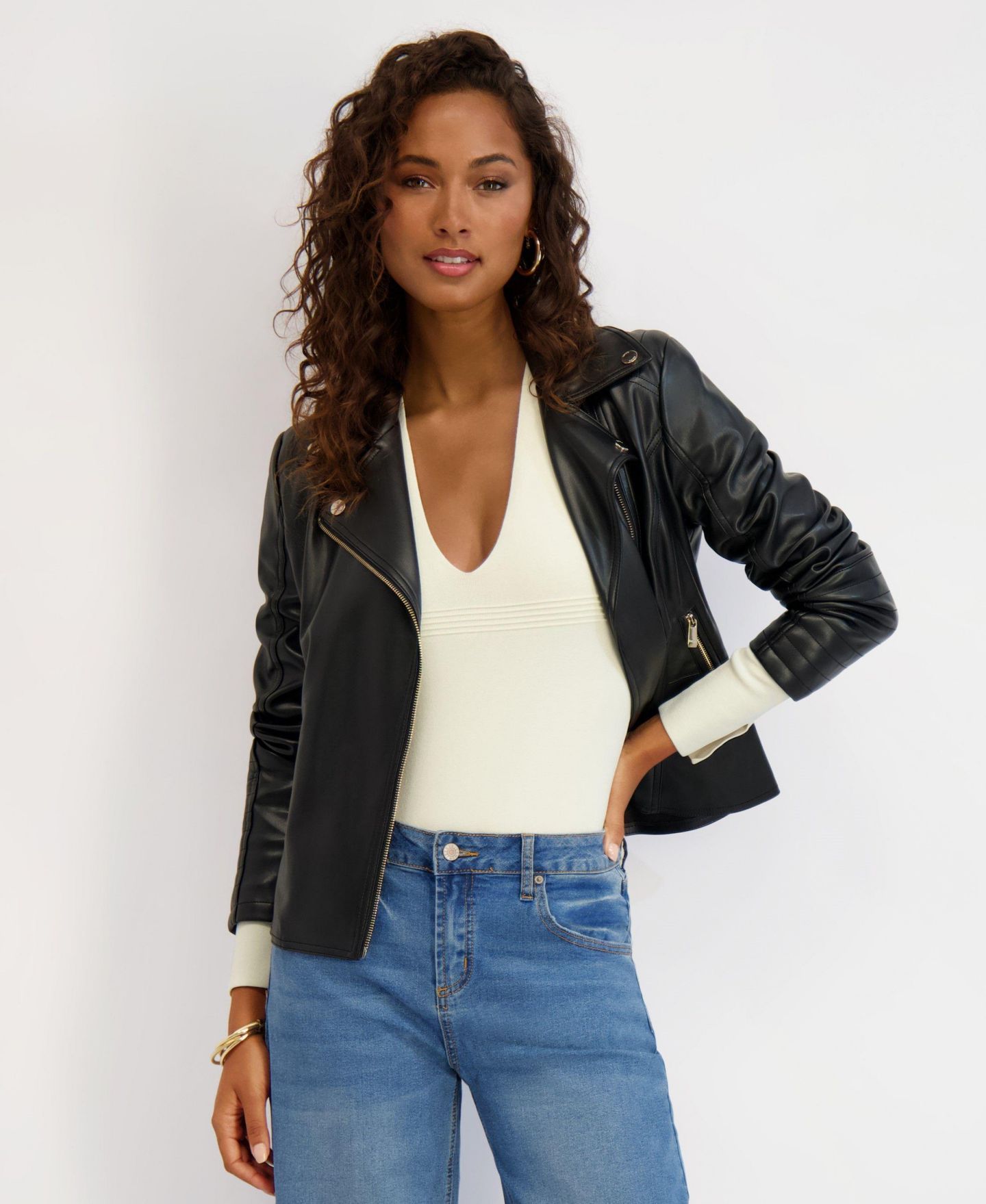 Женская куртка Kensie Faux Leather Moto Jacket With Peplum and Quilted Details, цвет: Чёрный — фото 5