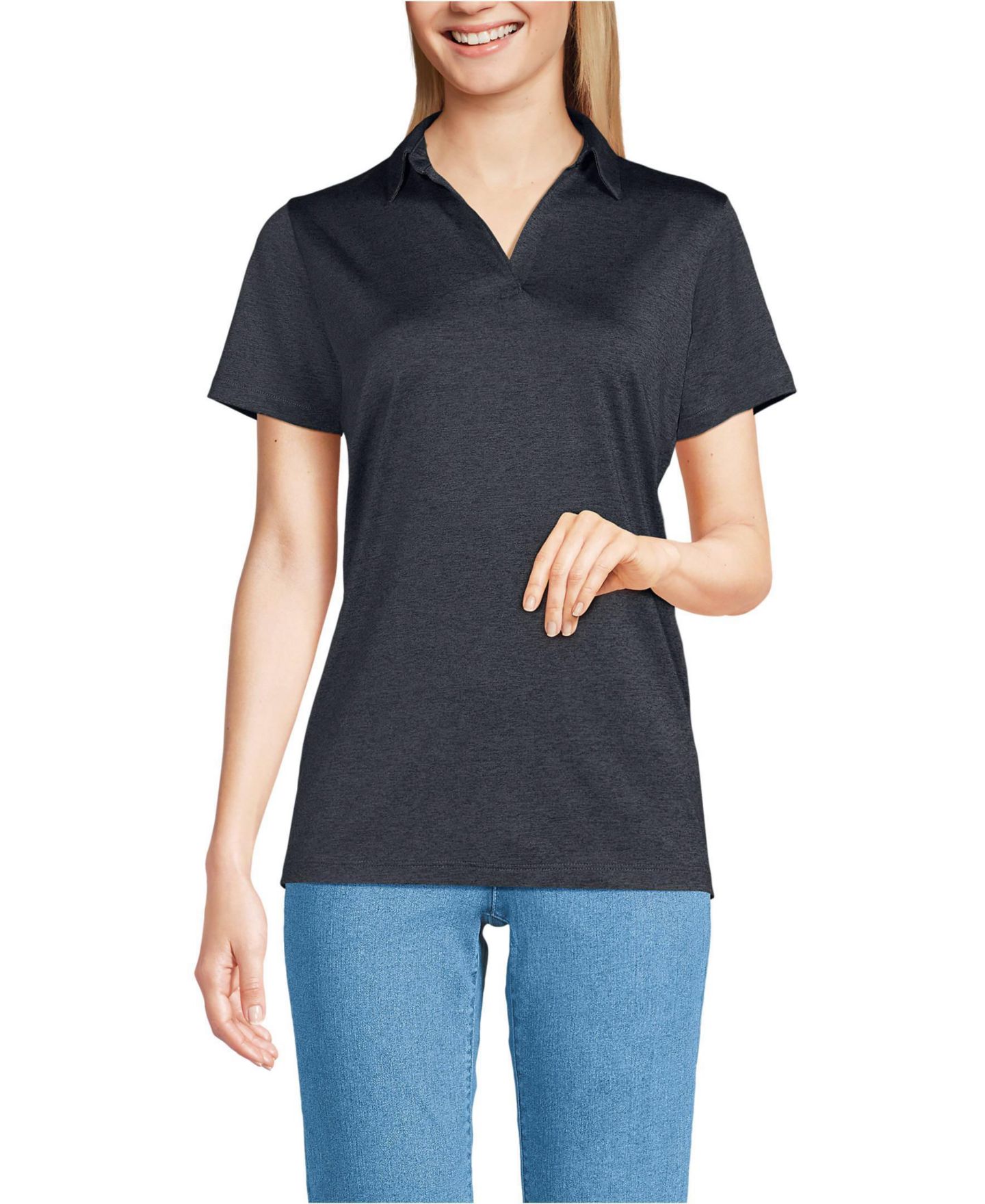 Женское поло Lands' End Rapid Dry Performance Space Dye Sport Neck Short Sleeve Polo, цвет: Чёрный космический — фото 1