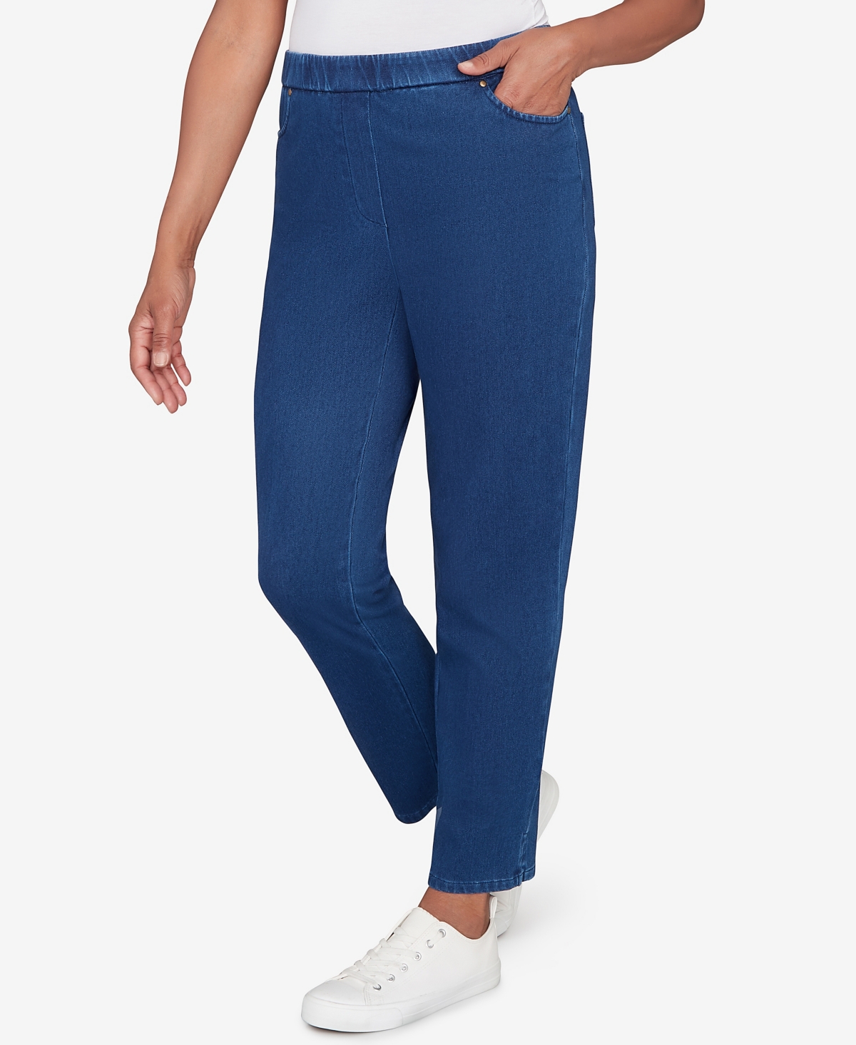 Alfred Dunner Petite Sunset Canyon Denim Knit Short Length Split Hem Jeans In Blue