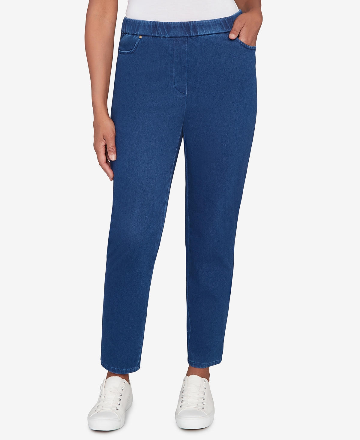 Alfred Dunner Petite Sunset Canyon Denim Knit Medium Length Split Hem Jeans In Blue