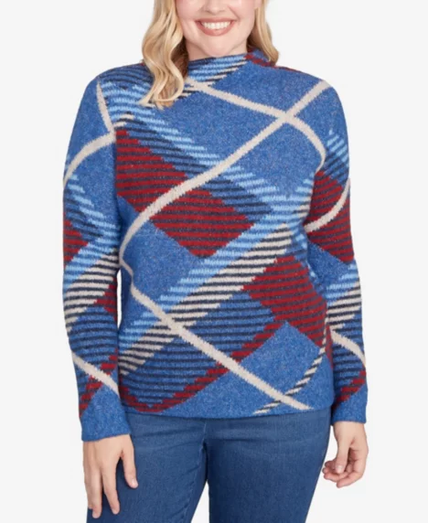 Petite Sunset Canyon Exploded Plaid Mock Neck Sweater - Blue Multi