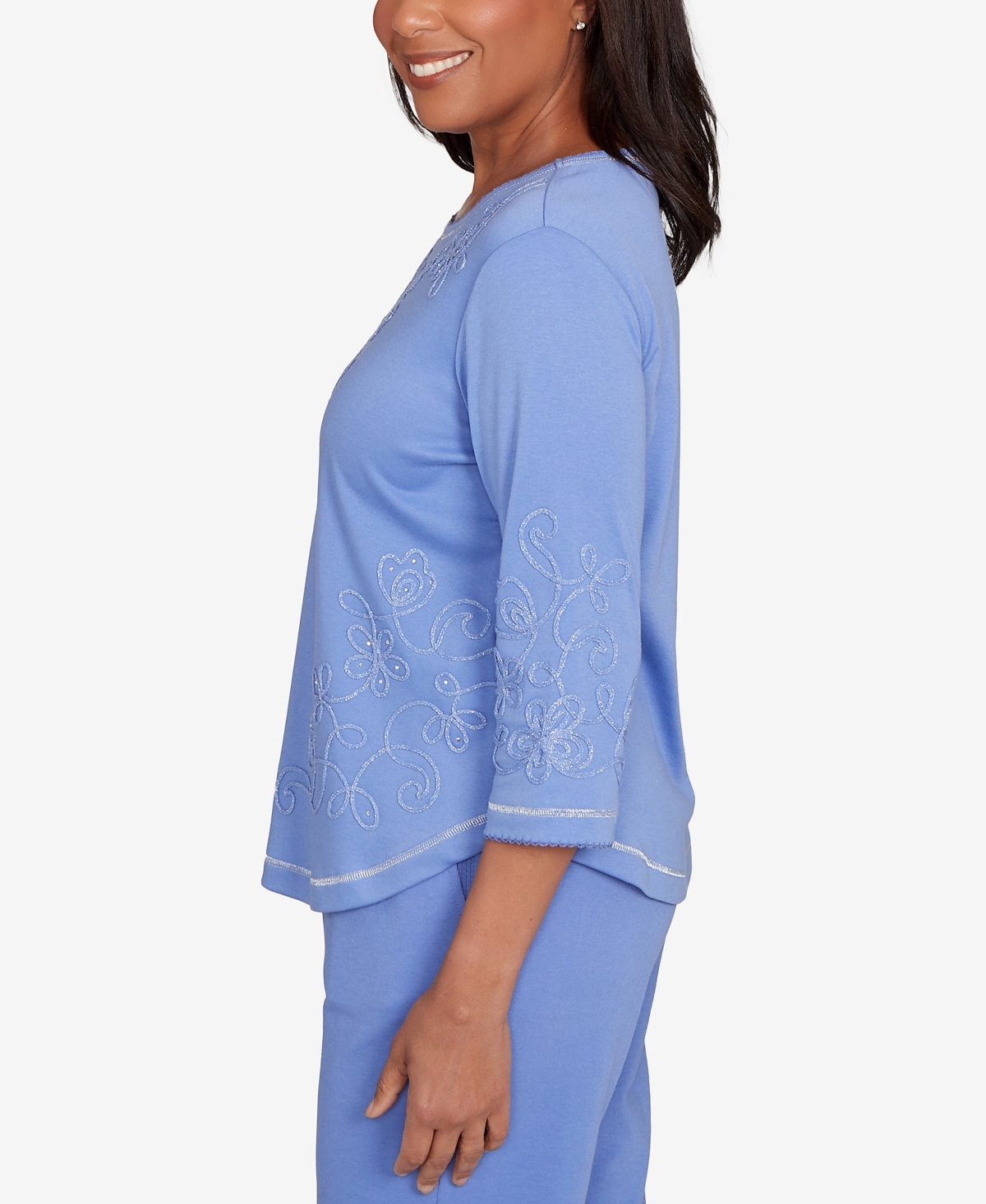 Alfred Dunner Petite Casual Vibe Asymmetrical Floral Embroidered Detail Top In Blue