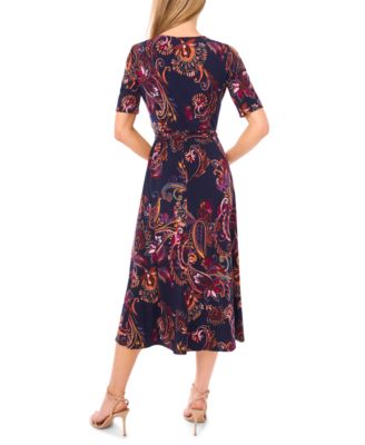 Women's V-Neck Tie Waist Midi Dress