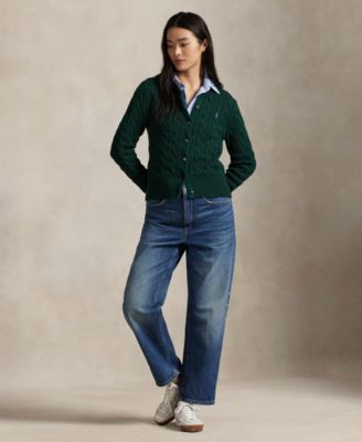 Women's Cable-Knit Cotton Crewneck Cardigan Sweater