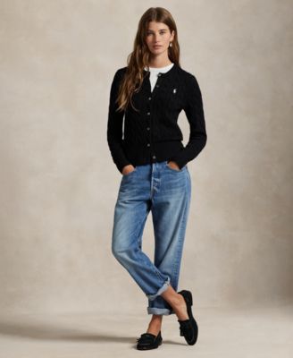 Women's Cable-Knit Cotton Crewneck Cardigan Sweater