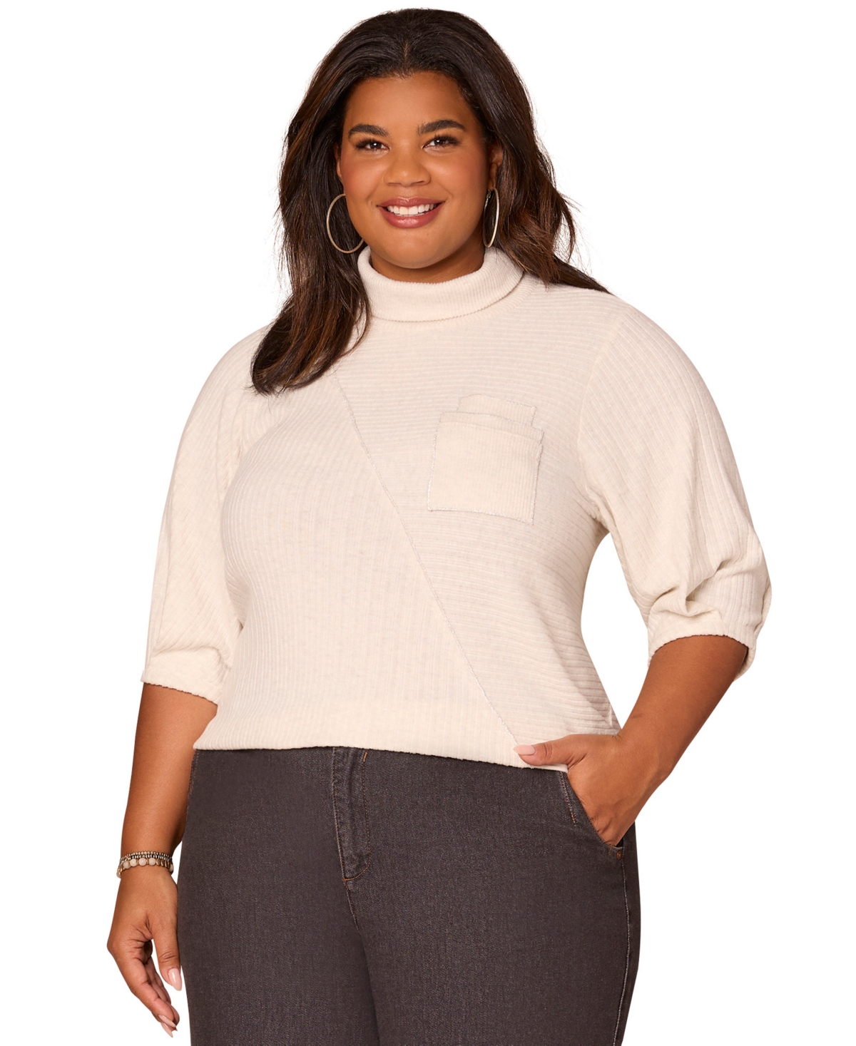 Democracy Plus Size Pleated Elbow Sleeve Mock Neck Knit Top In Pink